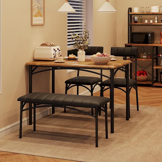 4-Piece Small Dining Table Set – Wood Table with 2 Upholstered Chairs & Bench, Space-Saving Retro Kitchen Dining Set for Small Apartment/Dining Room, Brown