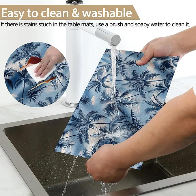 Placemats Set of 6 Tropical Palm Tree Place Mats Washable Kitchen Dining Linen Table Mats Stain Heat, for Home Party Indoor 12x18 in
