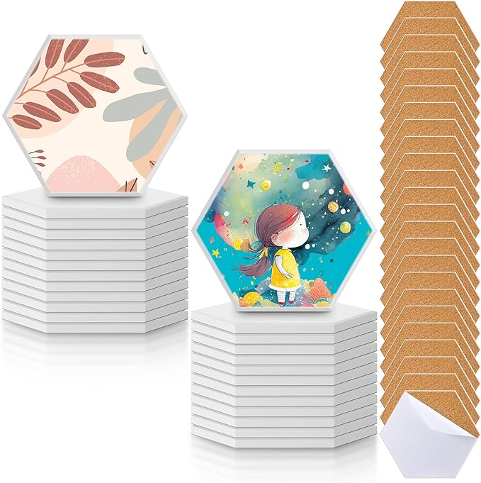 Zopeal 48 Pcs Ceramic Tiles for Crafts Coasters Include Unglazed White Ceramic Tiles with Cork Backing Pads Use with Alcohol Ink Acrylic Pouring for DIY Project Gift (Hexagon)
