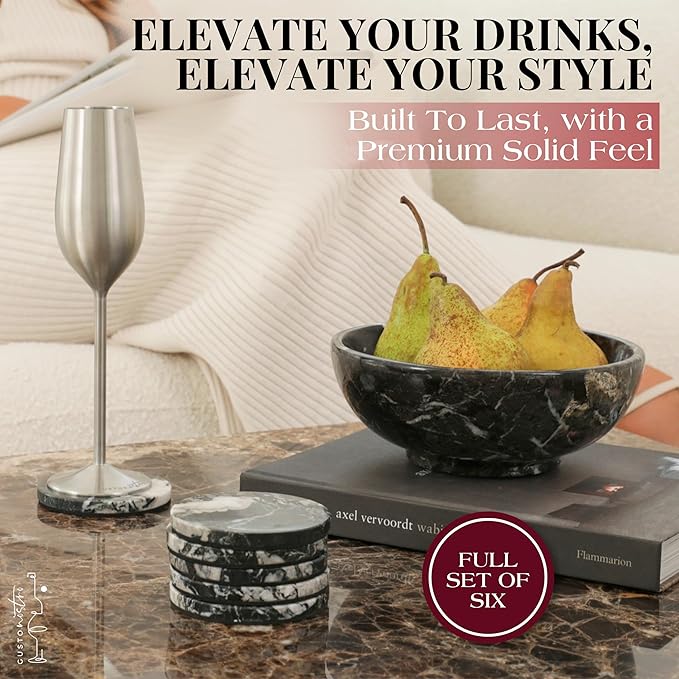 Gusto Nostro Black Marble Coasters Set of 6 with Non-Slip Backing - Luxury Natural Stone Coasters for Drinks - Genuine Marble Kitchen Accessories, Round Stone Coaster for Kitchen Counter, Coffee Table
