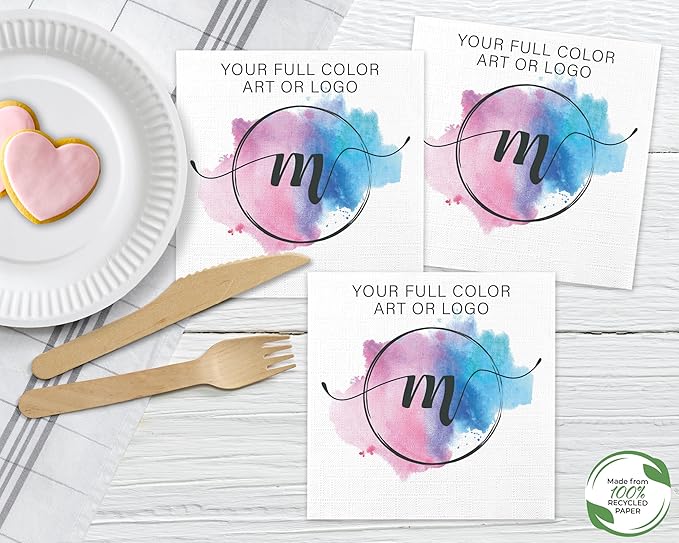 100% Recycled Custom Cocktail Napkins - Personalized 100% Recycled Napkins - Eco-friendly & Full-Color Digital Printed - Weddings, Events & Celebrations - Pack of 50 - All Over Embossed, 5"x 5"