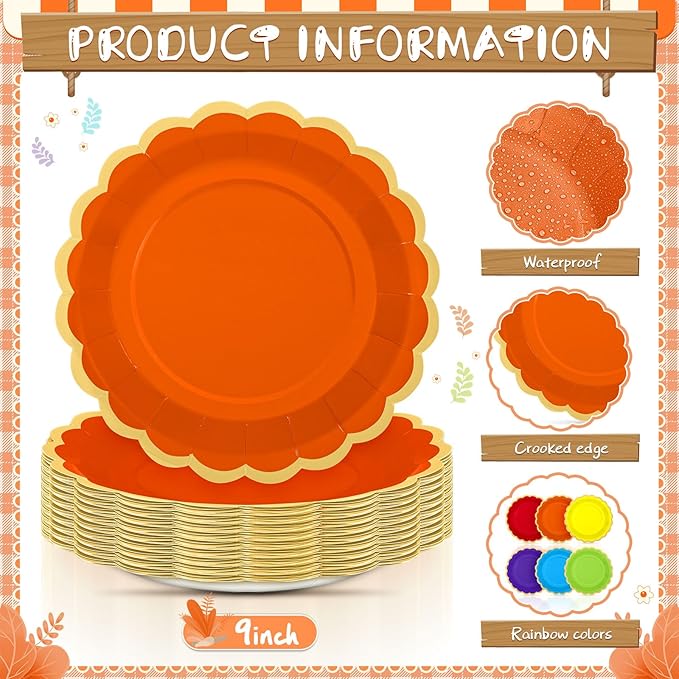 48 Pcs Rainbow Paper Plates 9 Inch Colorful Scalloped Paper Disposable Dinner Dessert Plates for Birthday Wedding Bridal Party Supplies, 6 Colors