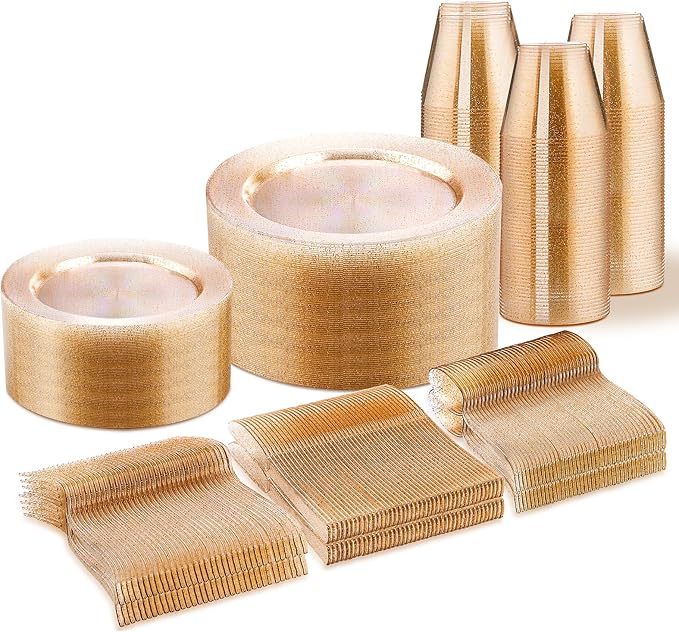 WELLIFE 300 PCS Gold Glitter Dinnerware Set for 50 Guests, Disposable Plastic Plates for Party, 50 Dinner Plates, 50 Salad Plates, 50 Cups Forks Knives Spoons for Wedding and Party Supplies