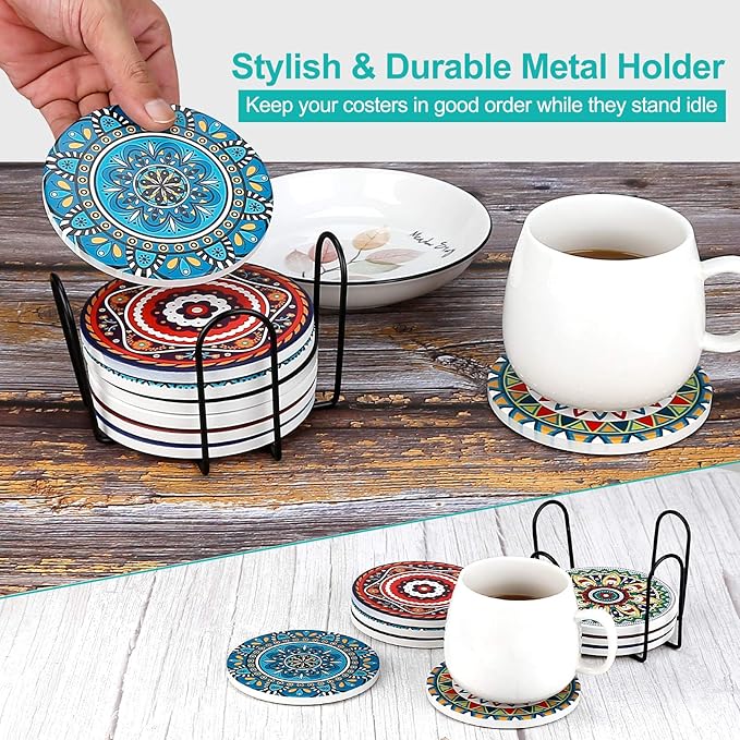 Coasters for Drinks,AODINI Set of 8 Absorbent Stone Coasters for Wooden Table, Mandala Ceramic with Cork Base, Gift for Housewarming Birthday and Family - Great Home and Dining Room Decor