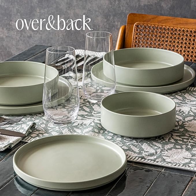 over&back Stackable Dinner Bowl Set - Stoneware Dishes - Comes with 4 Dinner Bowls - All-Occasion Place Settings Perfect for Pasta, Salads, Snacks - 8.3" x 8.3" x 1.9" - 40oz - Semi-Matte Sage