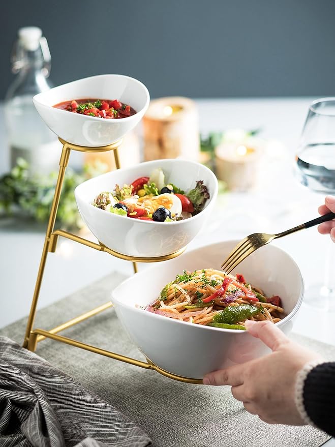 3 Tier Serving Bowls with Stand, Chips and Dip Serving Dishes Set for Entertaining Party, Ceramic Fruit Bowl for Salad Soup Snacks, Microwave & Dishwasher Safe