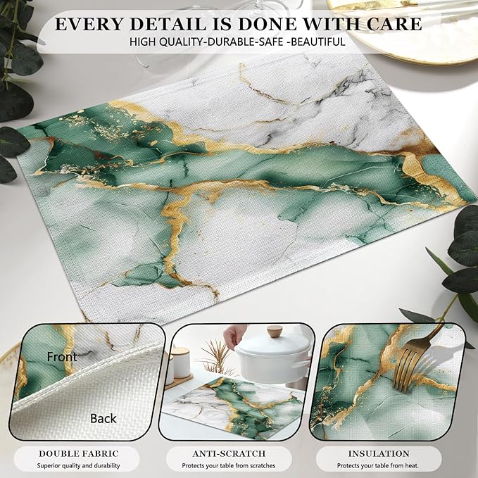 Mcalk Green Marble Table Runner and Placemats Set of 6, Marble Print Placemats, Modern Cloth Place Mats Indoor for Kitchen,Washable Linen Material for Dining Table
