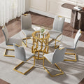 47.2" Round Glass Dining Table Set for 6, Modern 7 Piece Kitchen Table Set with Gold Stainless Steel Base & 6 PU Leather Accent Chairs, Saving Space, Dining Set for Apartment, Home - Grey Chair