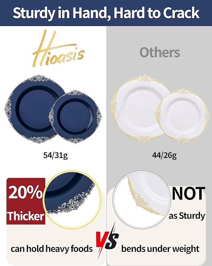 Hioasis 350pcs Blue and Silver Plates - Blue Party Plates for 50 Guest, Include 100 Heavy-duty Plates(20% Thicker Than Standard), 150 Cutlery Set, 50 Napkin, 50 Cups