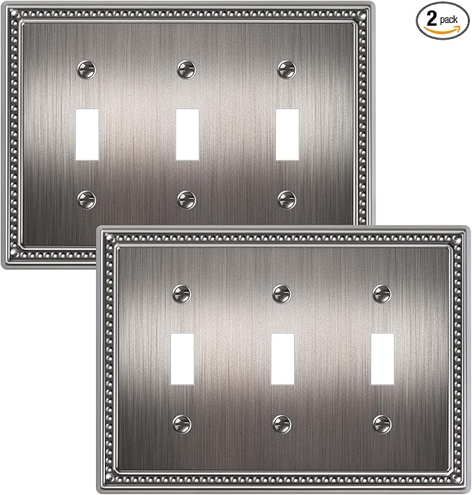 2-Pack Triple Toggle Light Switch Cover Plate, Pearls Decorative Switch Plate Covers, Antique Silver 3 Gang Metal Wall Plate, Corrosion Resistant