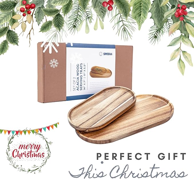 Acacia Wooden Serving Trays Set of 2 - Rectangular Oval Shaped Wood Plates for Charcuterie Cheese Bread Fruit Vegetable Dip Sushi - Rustic Serving Platter Shallow Dishes -14x7 & 11x5.5 In.