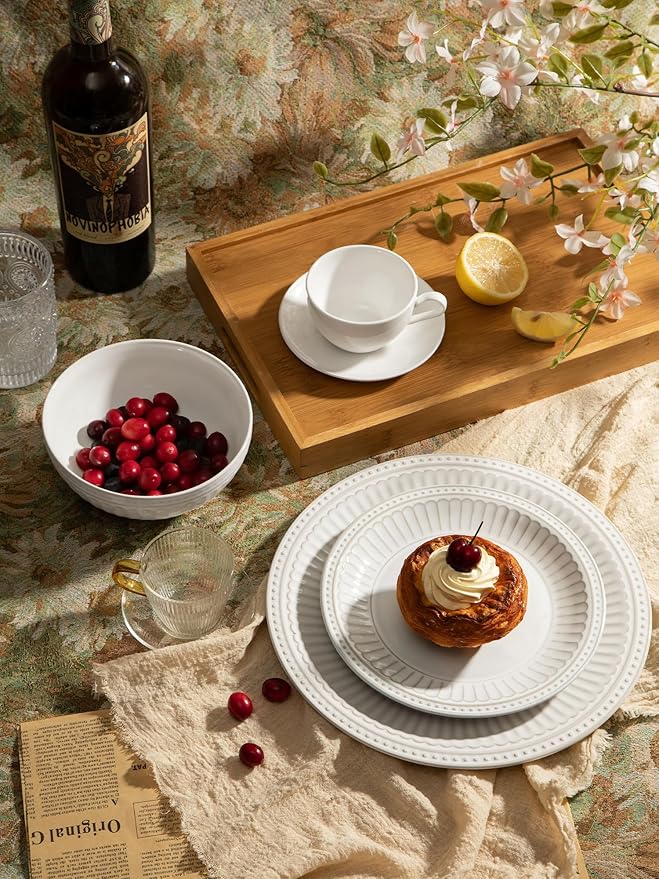 Famiware Garden Plates and Bowls Set, 24-Piece Dish Set for 8, Scratch Resistant Stoneware Dinnerware Set, Embossed Ceramic Tableware - Microwave and Dishwasher Safe, Reactive Glaze White