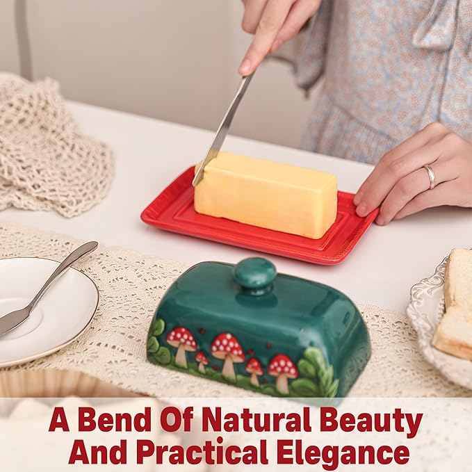 Fungi Fun Mushroom Butter Dish With Lid – Cute Cottagecore Ceramic Storage Container, Vintage French Covered Tray, Boho Farmhouse Kitchen Decor Gift, Unique Countertop Holder (Dark Green, Standard)