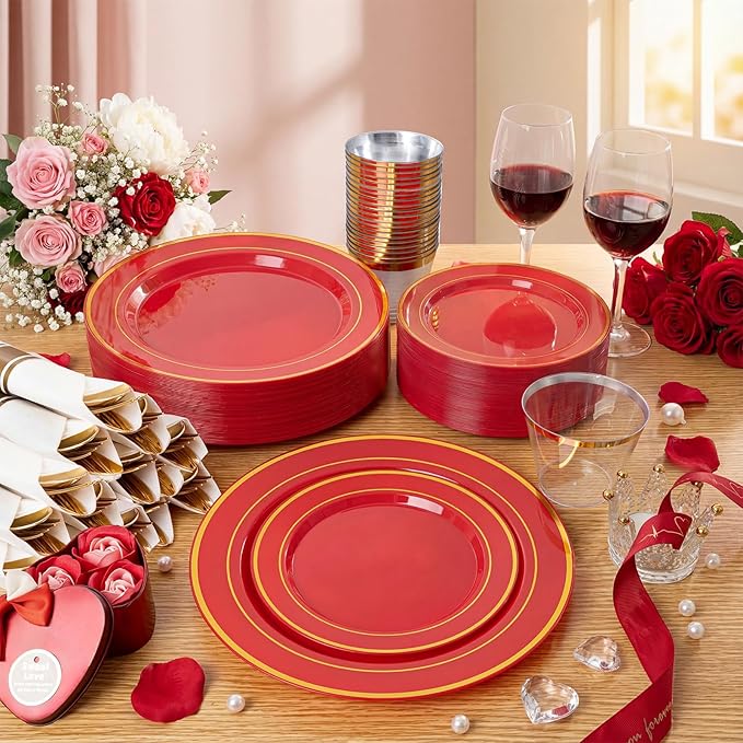 175 Pieces Red Plastic Plates with Gold Rim Include Dinner Plate 10”, Dessert Plate 7”, gold Cups 9 OZ, Pre Rolled Napkins 25 of each type for Party Valentine's Day