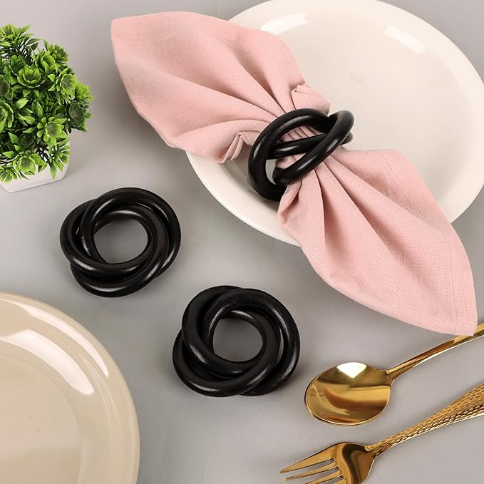 Alpha Living HOM Three Ring Wooden Napkin Rings Set of 12 - Napkin Holder Cuffs for Dinner Table Décor - Rustic Modern Serviette Rings for Weddings, Parties, Receptions, Banquets (Black)