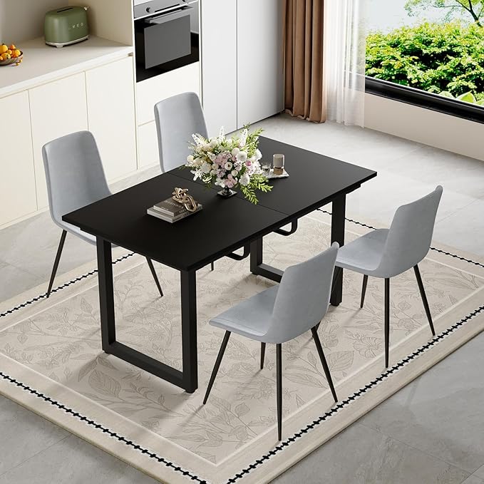 Extendable Dining Table Set for 4, 55"–71" Modern Black Kitchen Table with 4 Upholstered Chairs, Space-Saving for Living Room Apartment, Sturdy & Comfortable, Easy Assembly