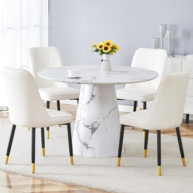 Round Dining Table Set for 4, 45" Modern Faux Marble Kitchen Table and Upholstered Chairs, 5 Piece Small Circle Dinette Set for Dining Room, Kitchen (White)