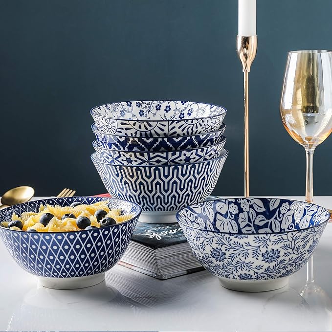 Selamica Blue and White Porcelain 20oz Cereal Bowl Set - Set of 6, 6 inch Soup Bowls, Ceramic bowls for Cereal, Soup, Salad and Pasta, Vintage Blue