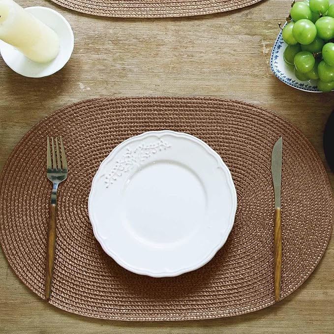 FunWheat Oval Braided Placemats Set of 6 Table Mats for Dining Tables Washable Heat Resistant Place Mats for Indoor Outdoor Use 12 x18 Inch(Oval Light Brown, 6pcs)