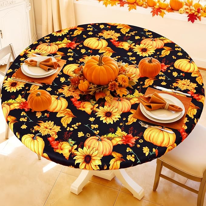 Round Spandex Thanksgiving Tablecloth, Elastic Fitted Waterproof Tablecloths for 36"-44" Tables, Stretch Washable Picnic Table Cover for Autumn Harvest Parties, Pumpkin Sunflower