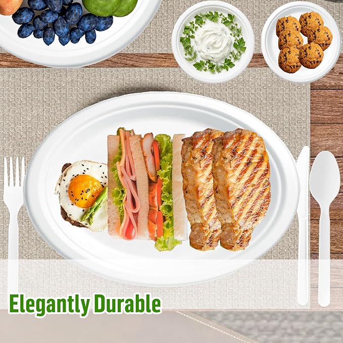 Compostable Heavy Duty Disposable Oval Paper Plates, 75 Count | 12.5 Inch | Natural Bagasse, Biodegradable Eco-Friendly Sugarcane BBQ, Party, Gathering, Picnic White Sugarcane Tray