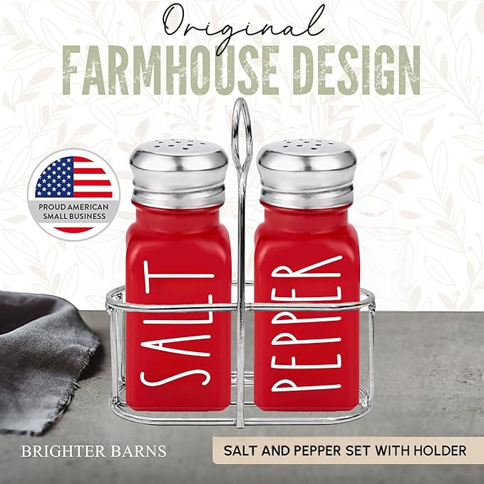 Red Salt and Pepper Shakers Set with Holder by Brighter Barns - Dining Table Decor, Modern Farmhouse Kitchen Decor - Christmas Salt and Pepper Shakers with Caddy for Restaurant, RV, Airbnb, Gift (Red)