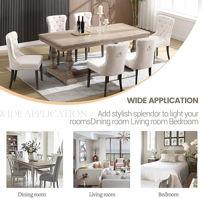 KCC Boucle Dining Chairs Set of 6, Upholstered High-end Tufted Dining Room Chair with Nailhead Back Ring Pull Trim Solid Wood Legs, Contemporary Nikki Collection Modern Style for Kitchen, Cream