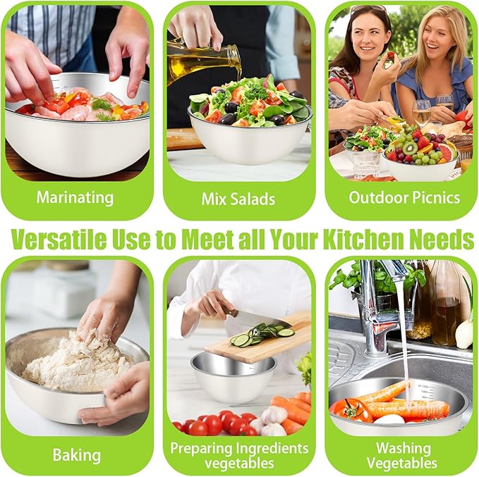 12 Pcs 1.3qt Stainless Steel Mixing Bowls Nesting Metal Prep Salad Bowls with Scale Reusable Baking Cooking Food Soup Storage Organizers for Kitchen Refrigerator