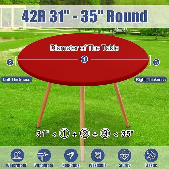 Round Spandex Tablecloth, Elastic Fitted Waterproof Tablecloths for 31"-35" Tables, Stretch Washable Picnic Table Cover for Camping, Dining, Indoor and Outdoor, Red