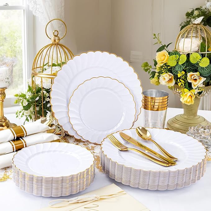 YOUBET 350PCS Gold Scalloped Plastic Plates - White and Gold Disposable Dinnerware Set Include 100 Plates, 150 Gold Silverware, 50 Cups, 50 Napkins for Wedding Party