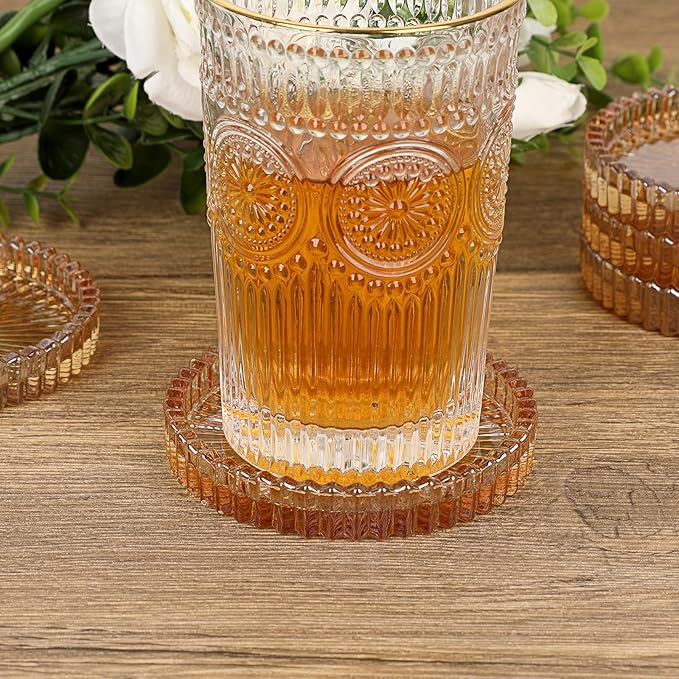 JUXYES 5 Pack Amber Tone Crystal Coasters Round Cup Mat, Glass Coasters for Drinks Coffee Tea Wine, Decorative Wine Bottle Coaster, Crystal Drink Coaster for Restaurant bar Kitchen Dining Table