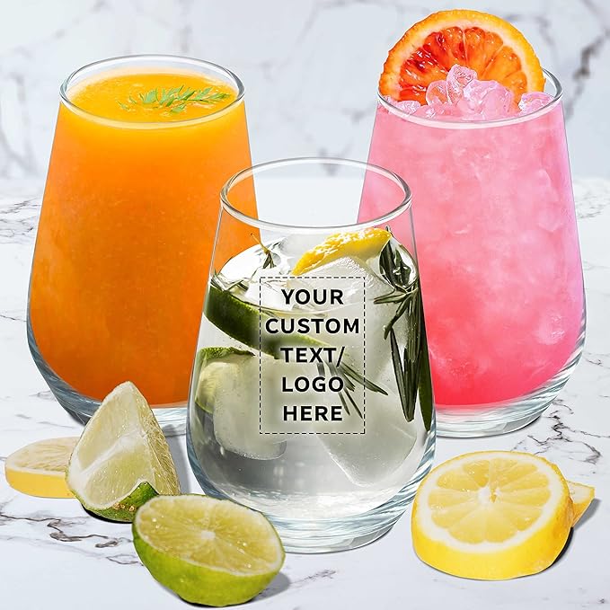 DISCOUNT PROMOS 10 Vaso Silicia Stemless Wine Glasses Set, 16 oz. - Personalized Text, Logo - Clear, Orb-Like, Thick base - Clear