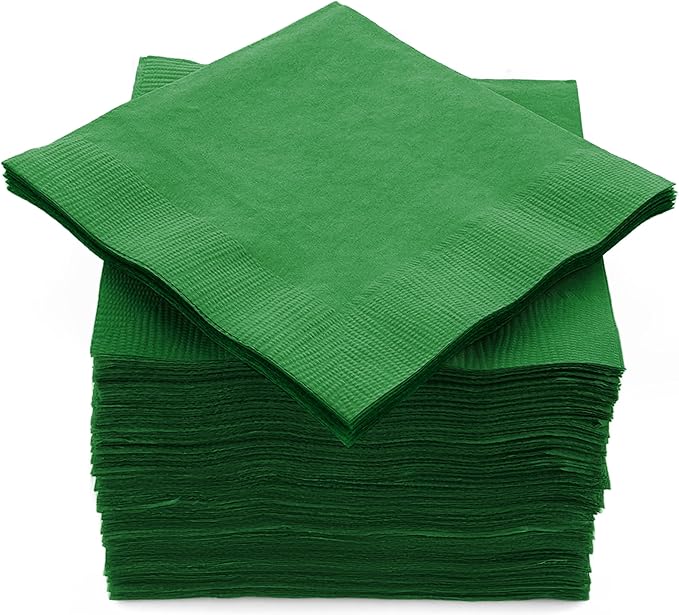 100 Pack Green Beverage Napkins, Big Party Pack, 2 Ply, Ideal for Wedding, Party, Birthday, Dinner, Lunch, Cocktails. (5” x 5”) by Amcrate