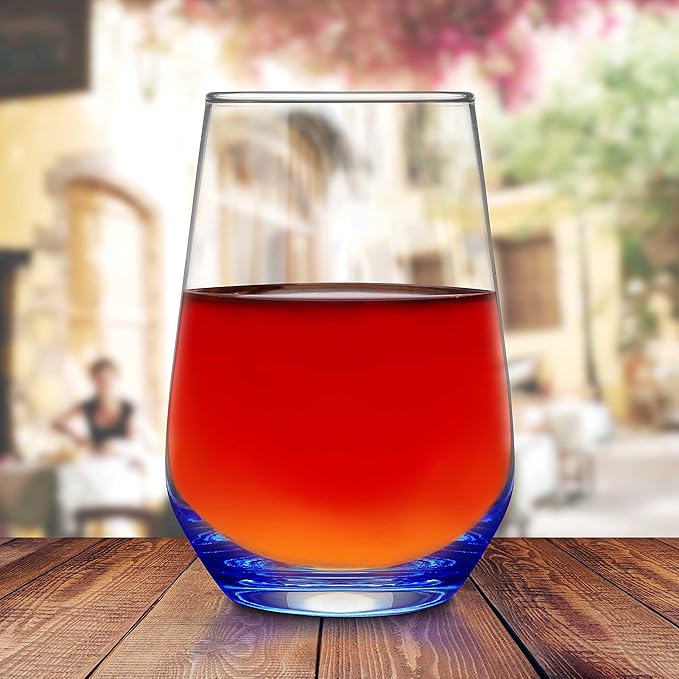 DISCOUNT PROMOS 10 Vaso Silicia Stemless Wine Glasses Set, 16 oz. - Clear, Orb-Like, Thick base - Blue