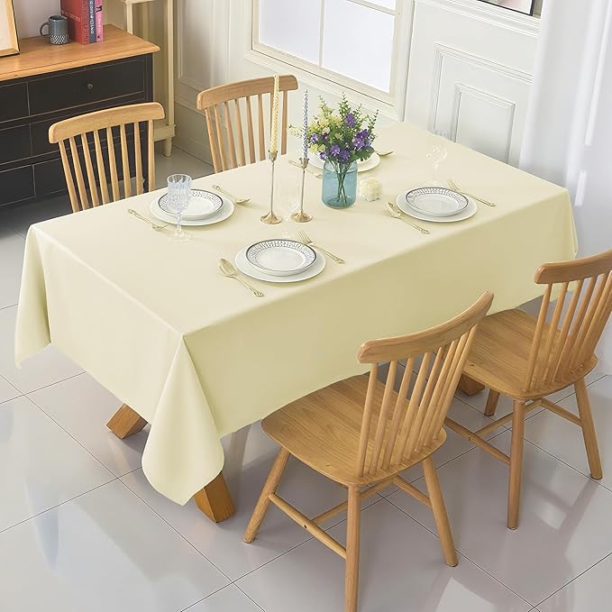 2-Pack 60x102 inch Beige Table Cloths, Solid Stain and Wrinkle Resistant Oblong Tablecloth, Premium Plain Weave Polyester Fabric Rectangle Table Linen Covers for Hotel, Wedding
