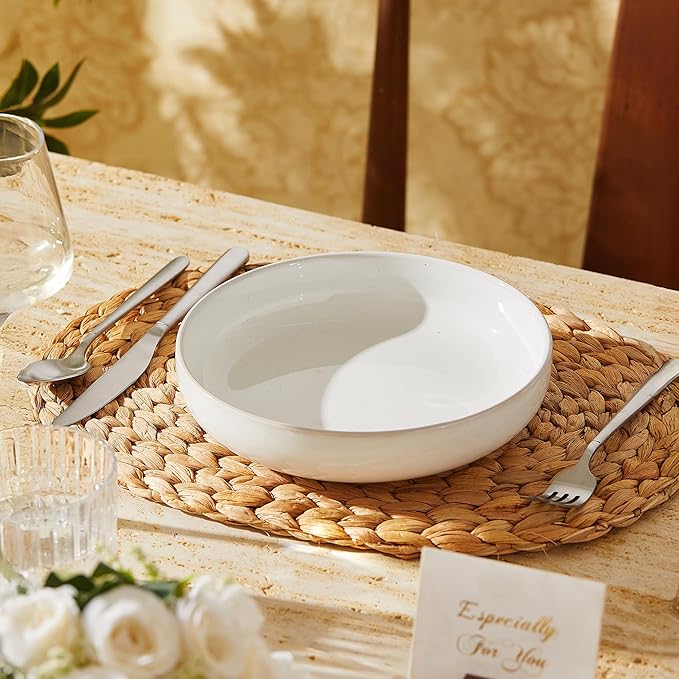 Junko Pasta Bowls Set of 4, 8.3 inch with High Edge Dish Set-Microwave and Dishwasher Safe, Scratch Resistant, Modern Dinnerware- Bowls for Kitchen. Perfect as Salad Bowls (Snow)