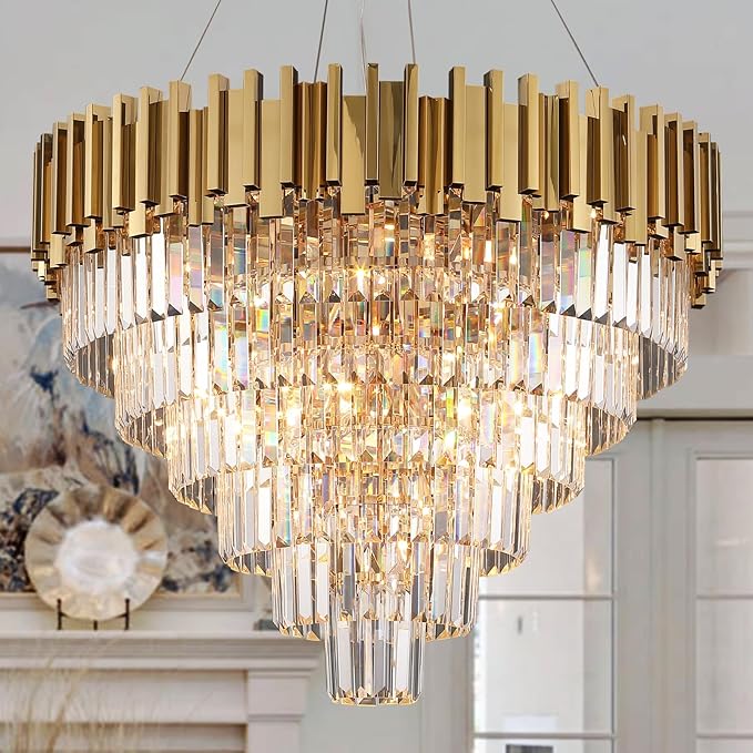 Modern Crystal Chandelier for Living Dining Room Entryway Gold Round W31.5