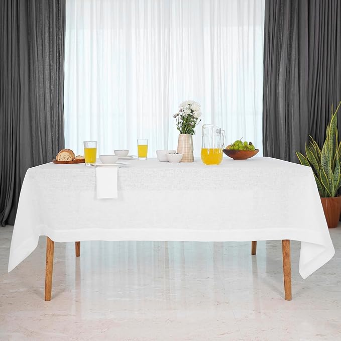 D'Moksha Homes Linen White Tablecloth 60 x 102 Inch - 100% Pure Linen Rectangular Table Cloth - Machine Washable Tablecloth for Valentines, Spring, Easter