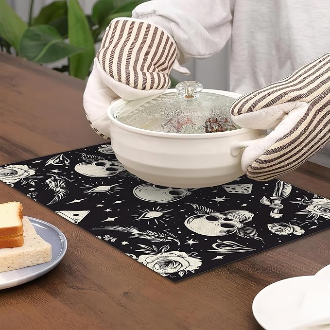 Skull Head Placemats Set of 6,Rose Table Mates Non-Slip Heat Resistant Washable Linen Place Mats for Party Kitchen Dining Decoration Indoor Outdoor 12"x18"