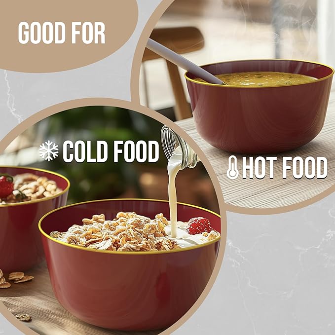 Trendables Plastic Bowls Disposable Bowls 24 Oz Bowl Set Of 50 Burgundy Gold Rimmed Fancy Plastic Serving Dishes Perfect for Parties and Events Disposable Candy Bowl