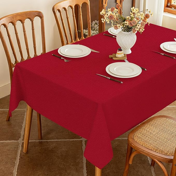 Winter Red Textured Fabric Tablecloth Rectangle Faux Linen Stain Resistant Table Cloth for 6 Foot Rectangular Table, Reusable for Dinig Party Holiday Decoration 60 x 84 Inch