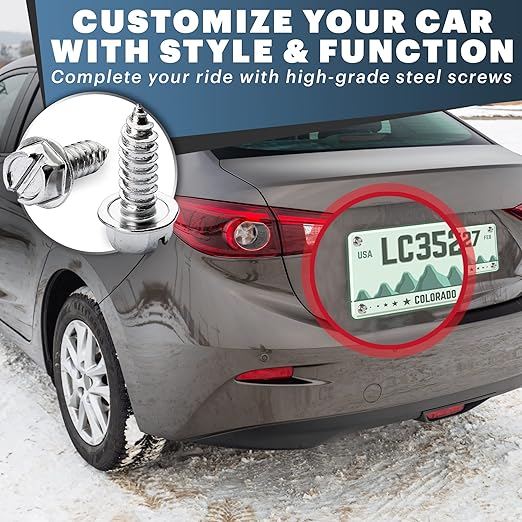 Chrome License Plate Screw Kit - Set of 4 Stainless Steel Fasteners for License Plates, Frames, and Covers on Domestic Cars, Trucks, Vans, SUVs - Rustproof, Self Tapping Mounting Bolts (Chrome Plated)