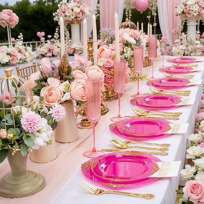 102PCS Clear Hot Pink Plastic Plates - Pink Disposable Plate with Gold Rim - Hot Pink Party Plates Include 51PCS 7.5inch Dessert & 10.25inch Dinner Plate for Wedding Birthday Valentine's Day