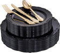 DaYammi 150Pcs Black Plastic Plates & Gold Plastic Silverware,Black Disposable Plates Set Include 30 Dinner Plate, 30 Dessert Plate,30 Golden Knives,30 Gold Forks,30 Golden Spoons for Party Wedding