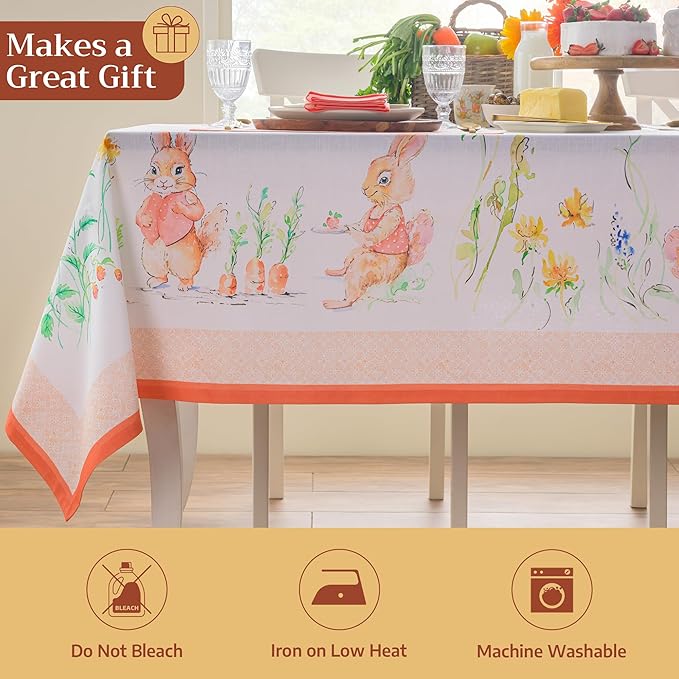 Maison d' Hermine Table Cloth Square Table 100% Cotton 60 x 60 Inches Tablecloth Reusable Decorative for Dining Room Farmhouse Home Valentines Day Decorations Spring Summer - Bunny Party