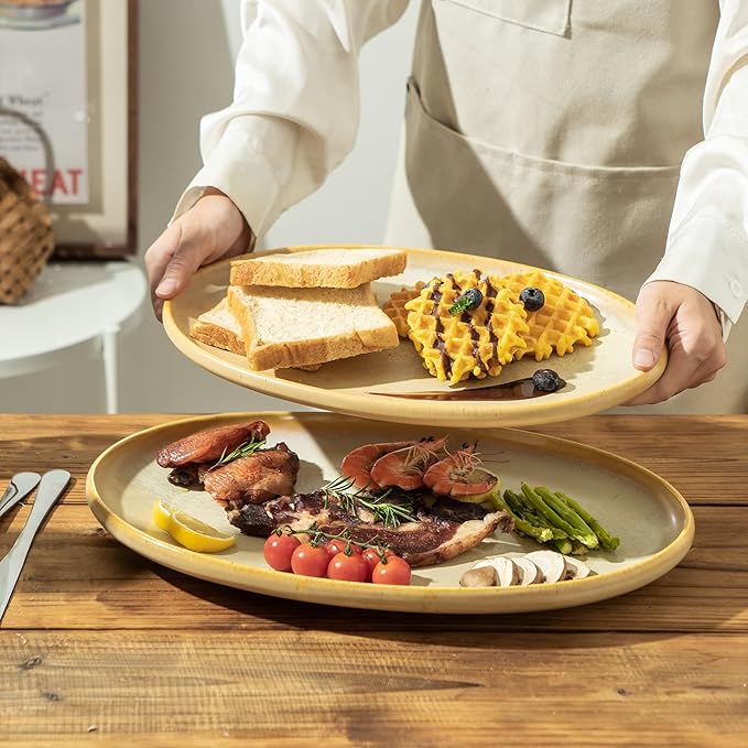 Ceramic Large Serving Platters- Set of 3 Oval Platters for Entertaining. Kitchen Dishes for Dinner, Fruit, Salad, Turkey, etc. Oven, Dishwasher Safe, 15.75"/13.75"/12",Reactive Glaze Cappuccino