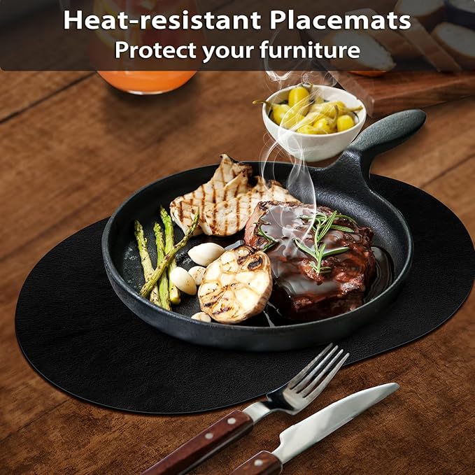 ADRIMER Placemats, Heat Resistant Oval Placemats Set of 12 Washable 12 x 17 Inch, Waterproof Table Mats, Wipeable Pu Place Mats for Kitchen, Dining Room, Black