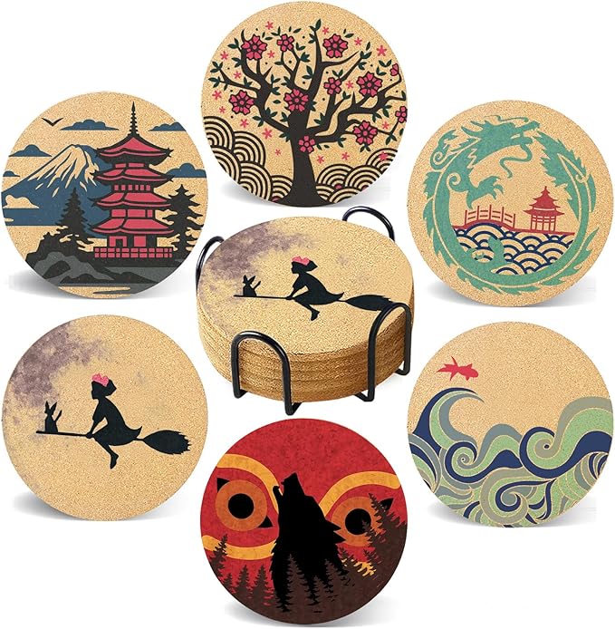 Coasters for Drinks with Holder Set of 6, Japanese Cork Coasters Absorbent Animation for Office Desk Cup Table Coaster Kitchen Decor Inspired House Warming Gifts for New Home Couples, Round 4"