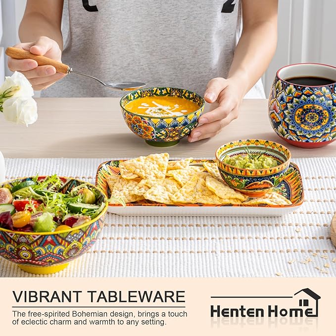 Henten Home Ceramic Dessert Bowls Set of 6, Bohemia 10 oz Snack Serving Bowl, Porcelain Colorful Bowls for Snack, Soup, Ice Cream, Decorative, Microwave & Dishwasher Safe