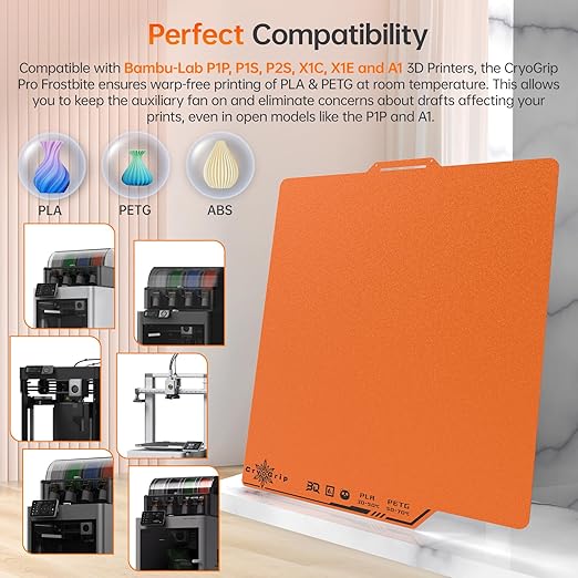 BIQU Cryogrip Pro Frostbite Matte Orange Cold Build Plate for Bambu-Lab P1S/P2S/P1P/X1C/X1E/A1 3D Printer 257x257MM Double-Sided Upgrade Room Temperature Print Removable Surface Platform